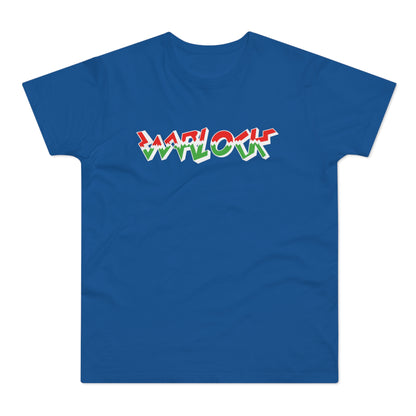 Blue t-shirt with "WARLOCK" in red, white, and green block letters.