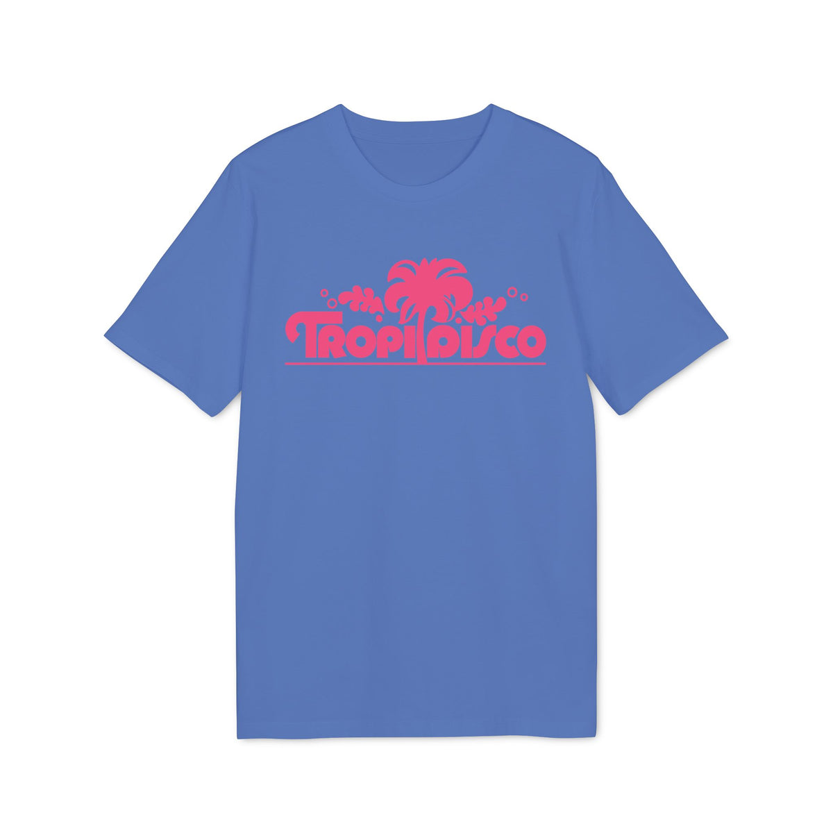 Blue t-shirt with bright pink "Tropi Disco" text and palm tree graphic.