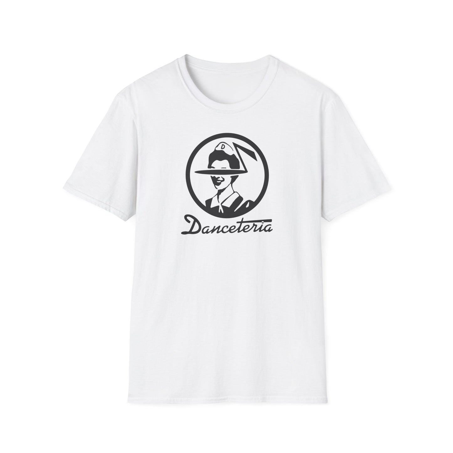 White t-shirt with black Danceteria logo featuring a person in a hat.