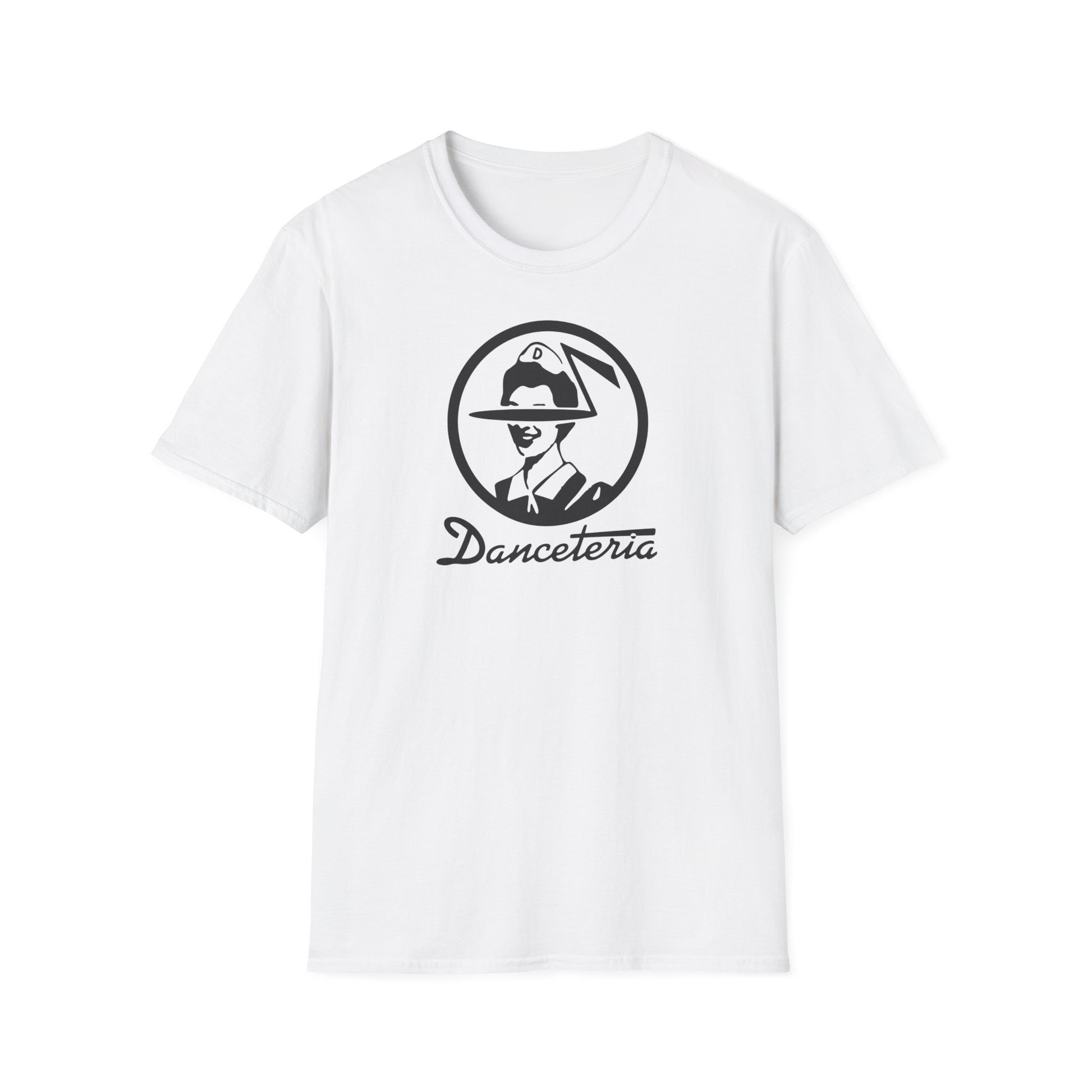 White t-shirt with black Danceteria logo featuring a person in a hat.