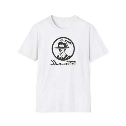 White t-shirt with black Danceteria logo featuring a person in a hat.