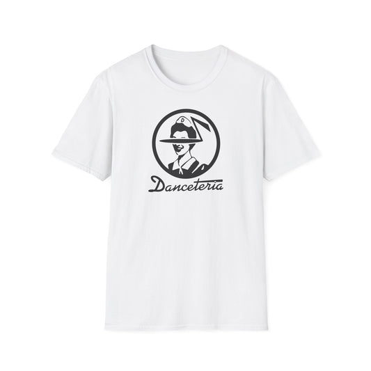 White t-shirt with black Danceteria logo featuring a person in a hat.
