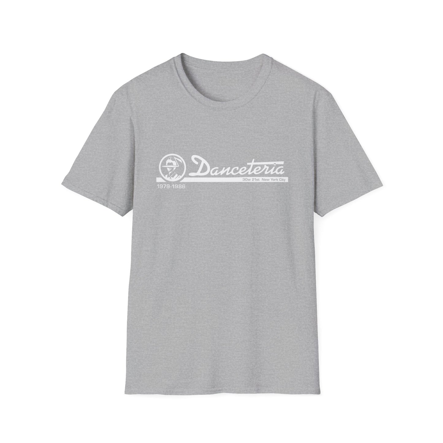 Grey t-shirt with "Danceteria 1979-1986 30w 21st New York City" logo.