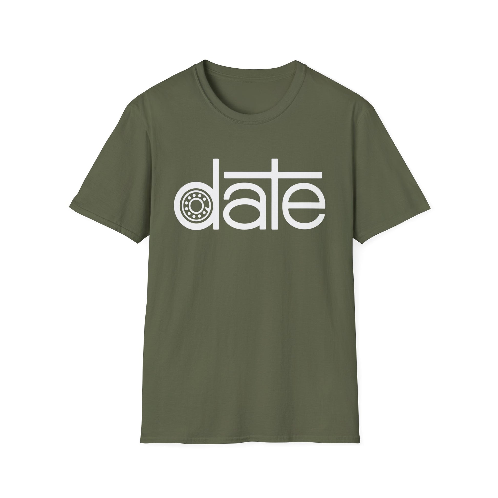 Olive green t-shirt with white text that reads "date".