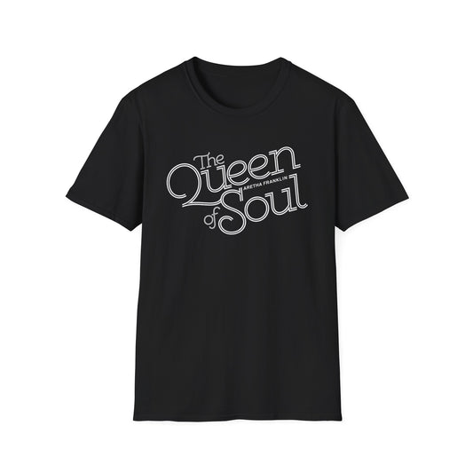 Black t-shirt with white "The Queen of Soul Aretha Franklin" text.