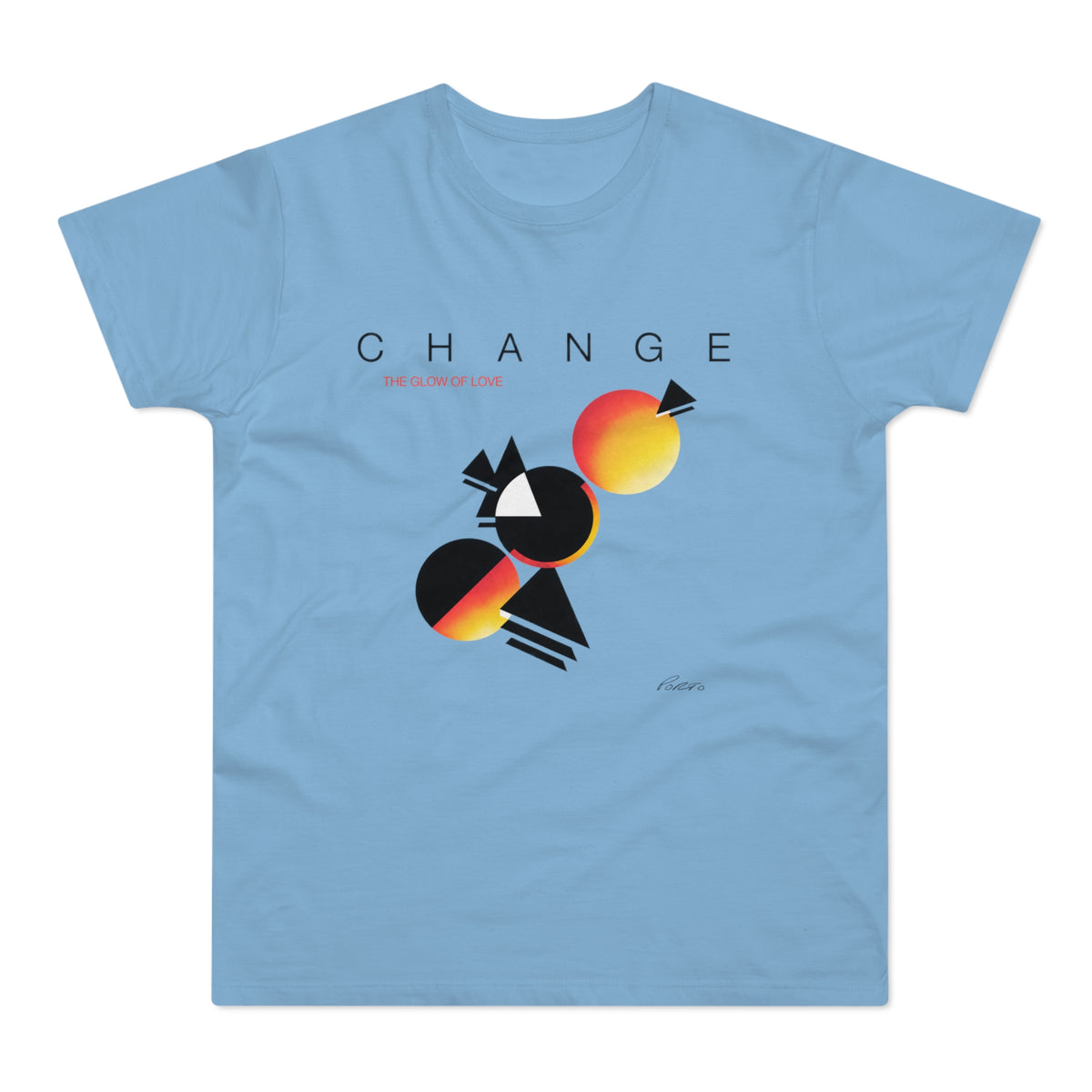 Light blue t-shirt with abstract geometric design and text "CHANGE".