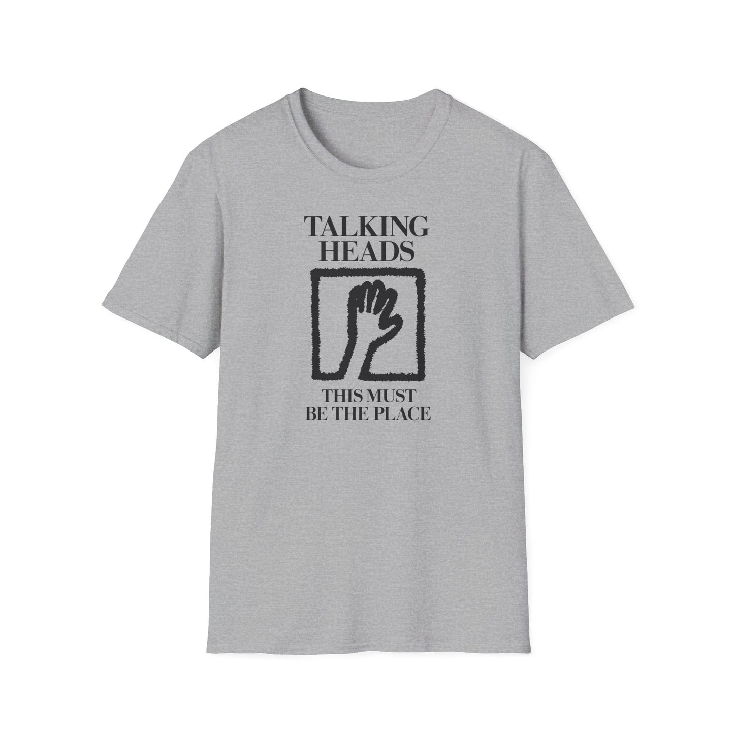 Grey t-shirt with "Talking Heads" and "This Must Be the Place" text and a hand graphic.