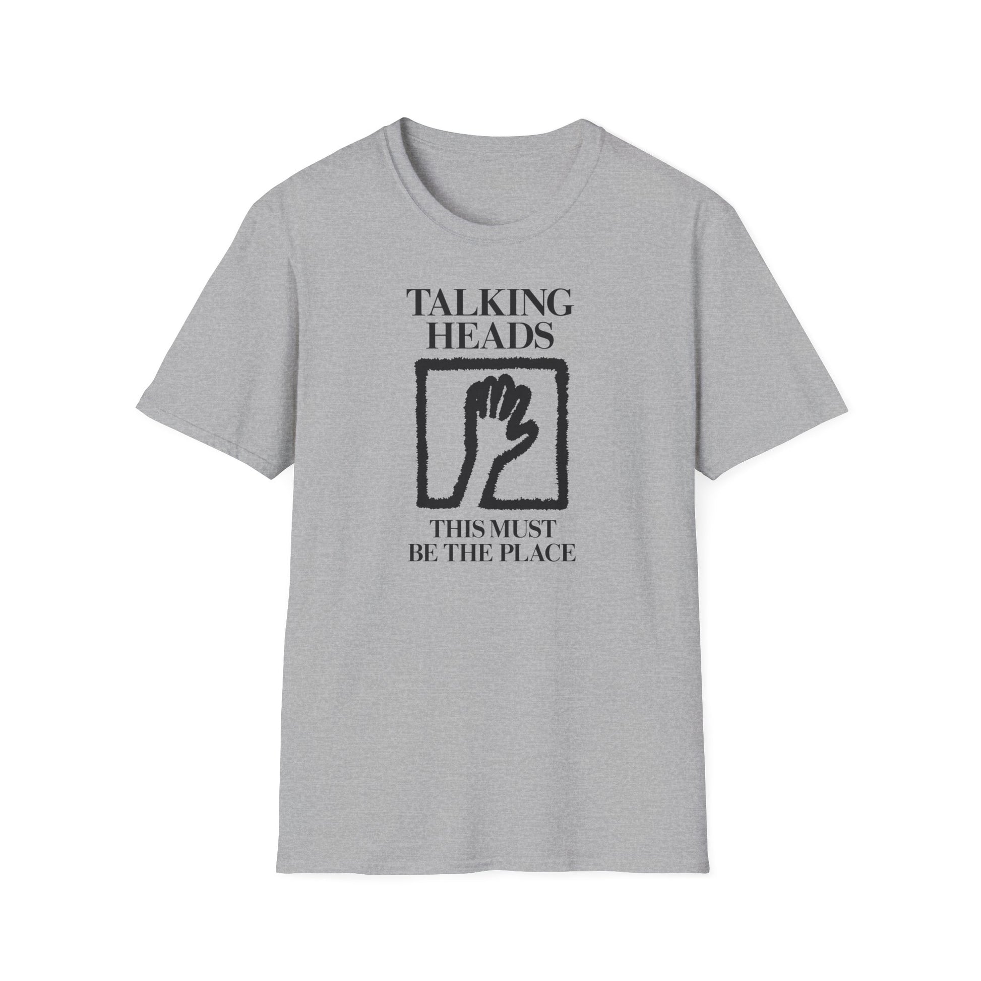 Grey t-shirt with "Talking Heads" and "This Must Be the Place" text and a hand graphic.