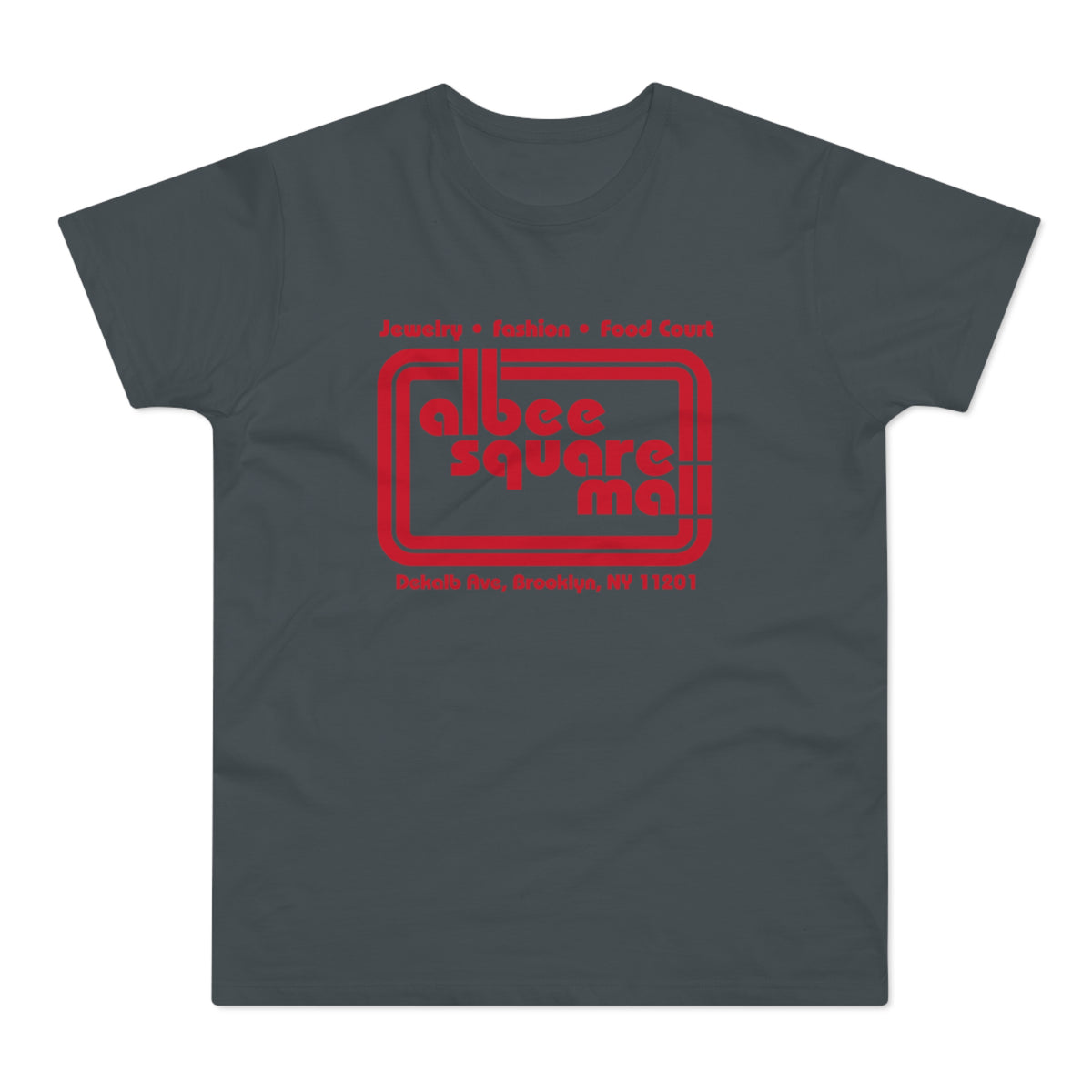 Gray t-shirt with red text "Albee Square Mall" and address.