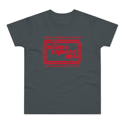 Gray t-shirt with red text "Albee Square Mall" and address.