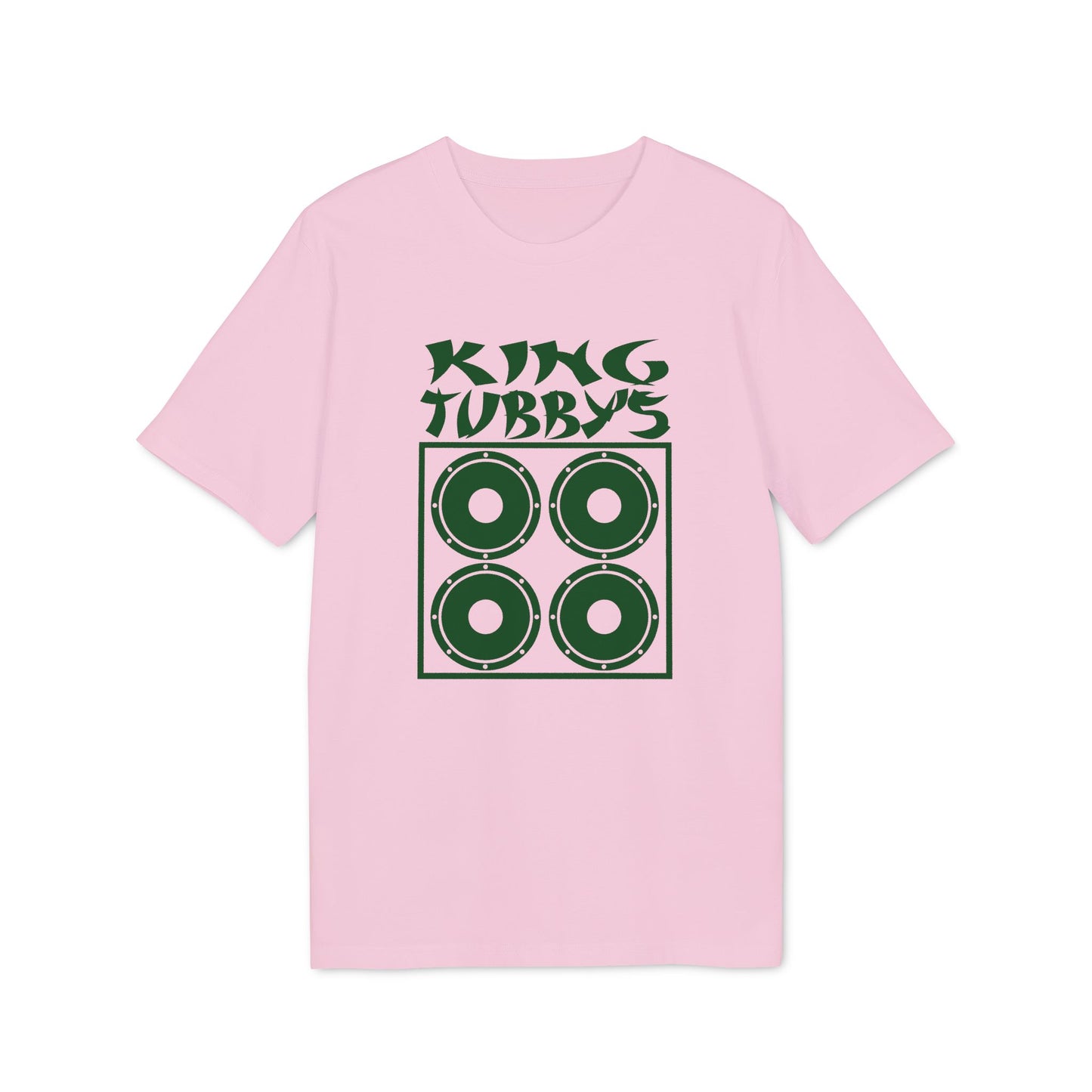 Pink t-shirt with green "King Tubby's" text and speaker graphic.
