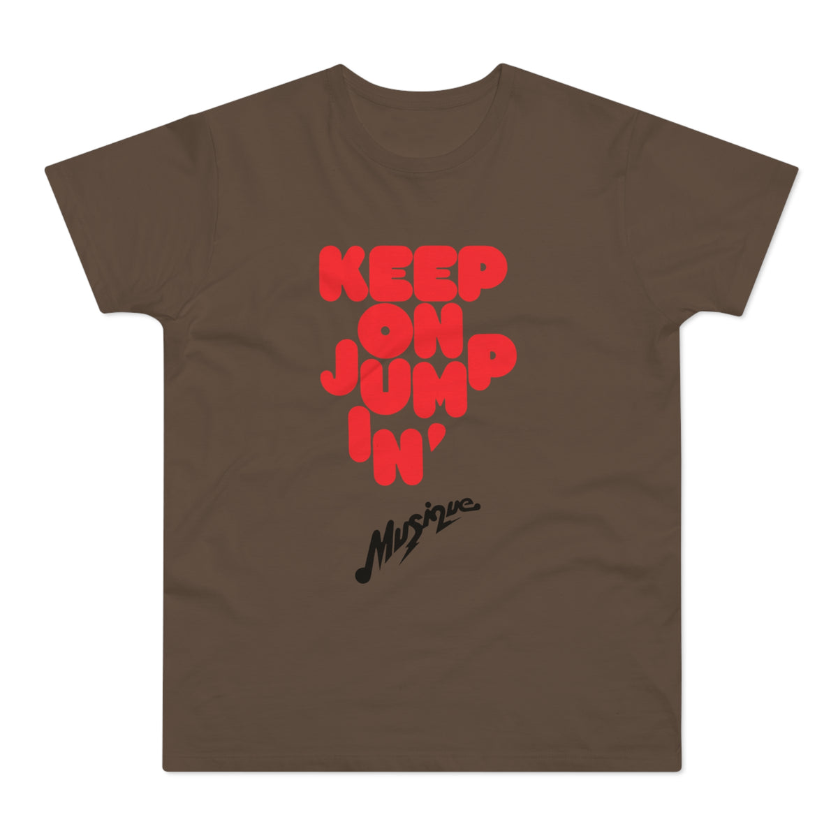 Brown t-shirt with red "KEEP ON JUMPIN'" text and black "Musique" script.