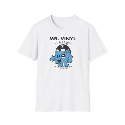 White t-shirt with "MR. VINYL Crate Digger" and a cartoon vinyl record character.