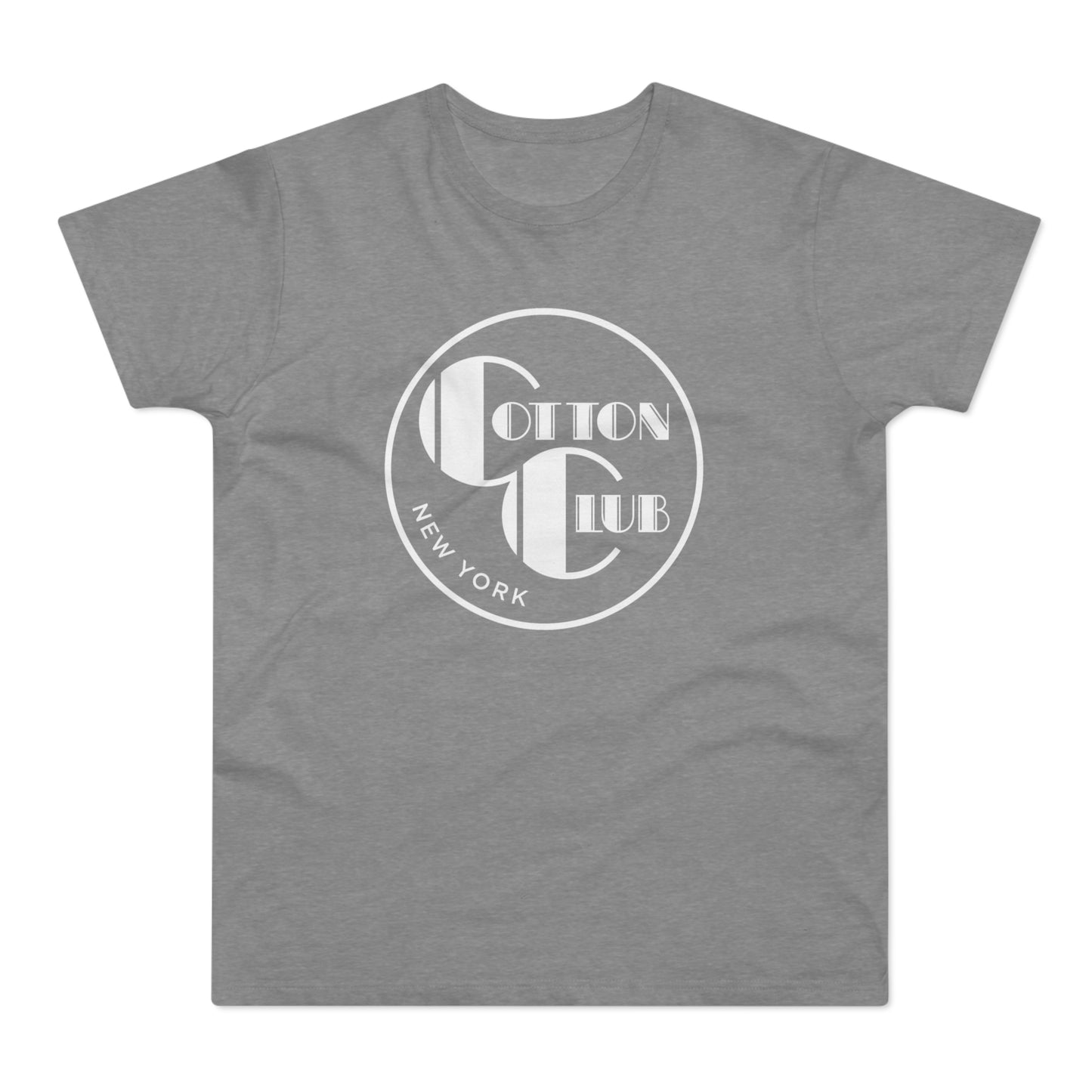 Grey t-shirt with white circular "Cotton Club New York" logo on front.