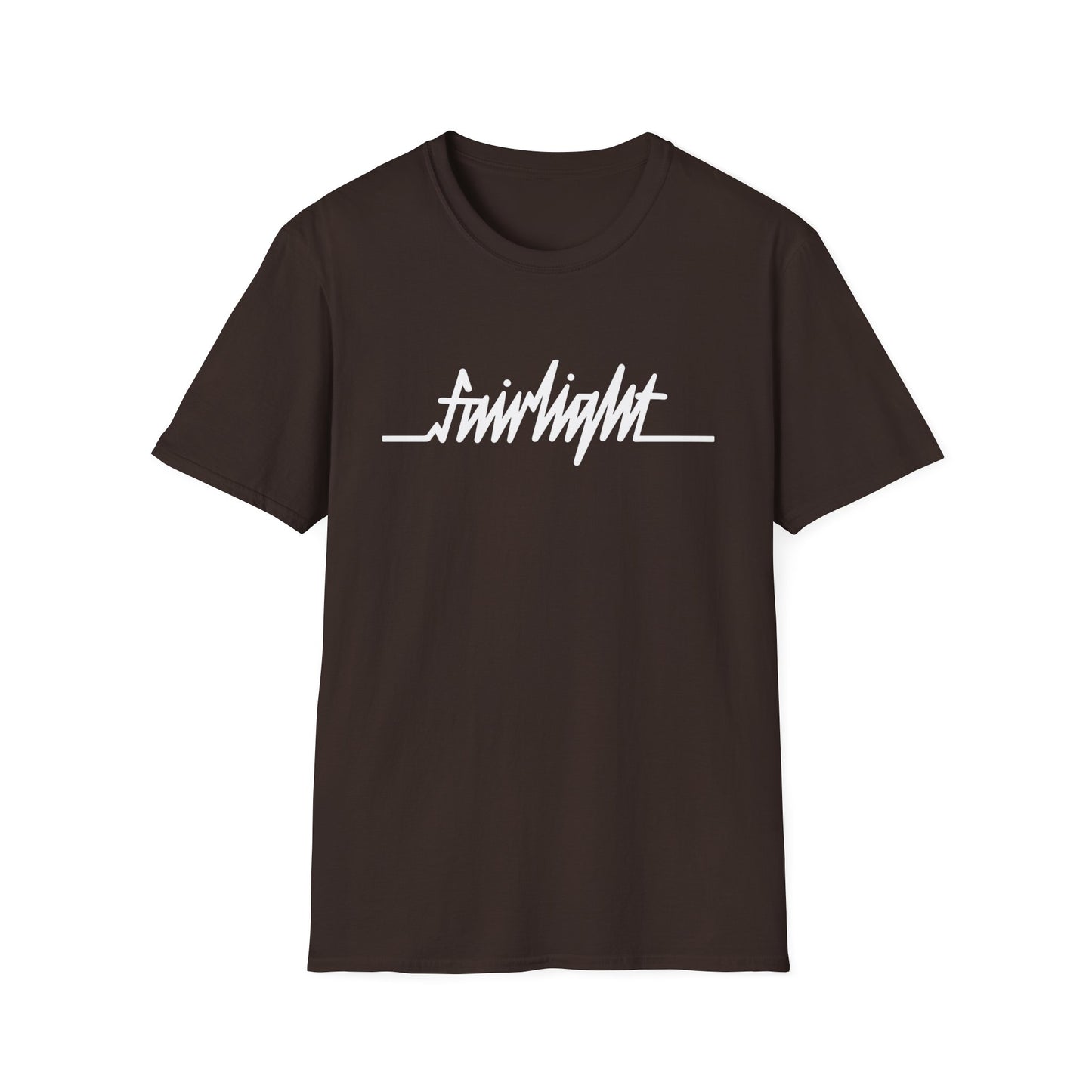 Brown t-shirt with white "fairlight" text and a line graphic.