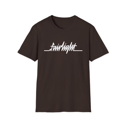 Brown t-shirt with white "fairlight" text and a line graphic.