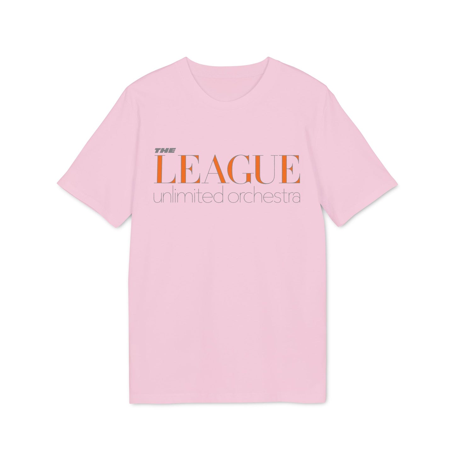 Pink t-shirt with orange and grey "THE LEAGUE unlimited orchestra" text.