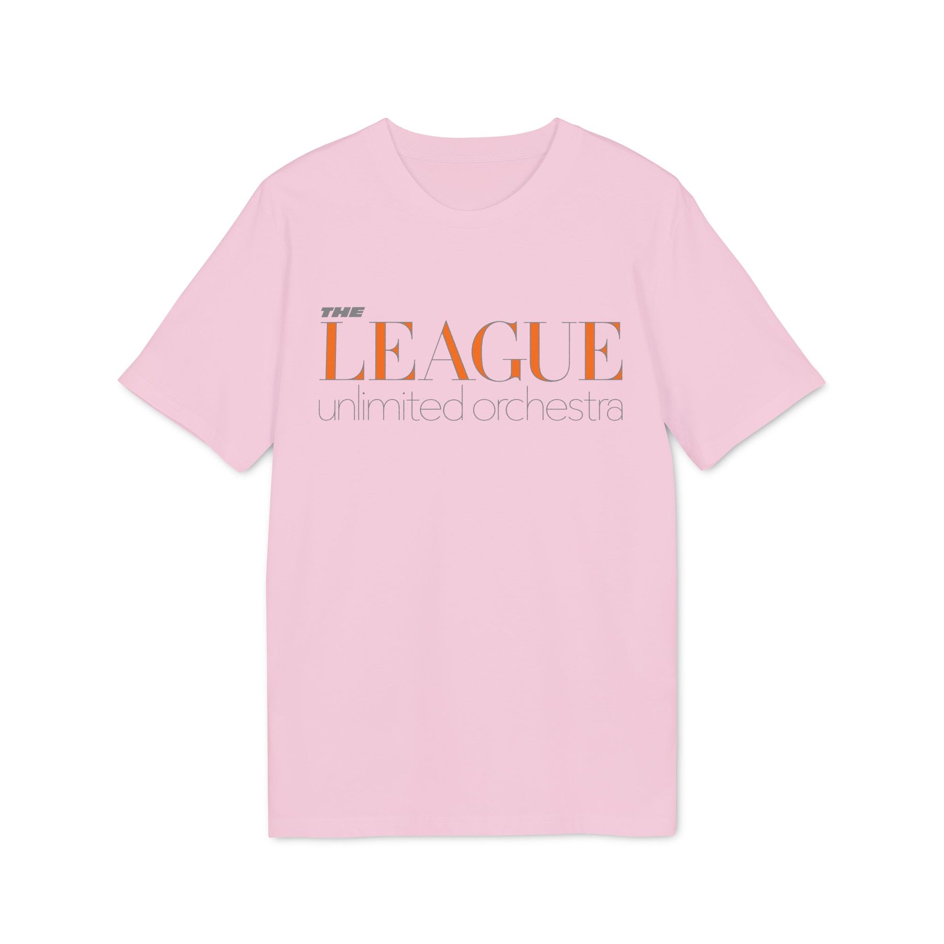 Pink t-shirt with orange and grey "THE LEAGUE unlimited orchestra" text.