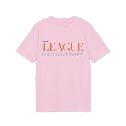 Pink t-shirt with orange and grey "THE LEAGUE unlimited orchestra" text.