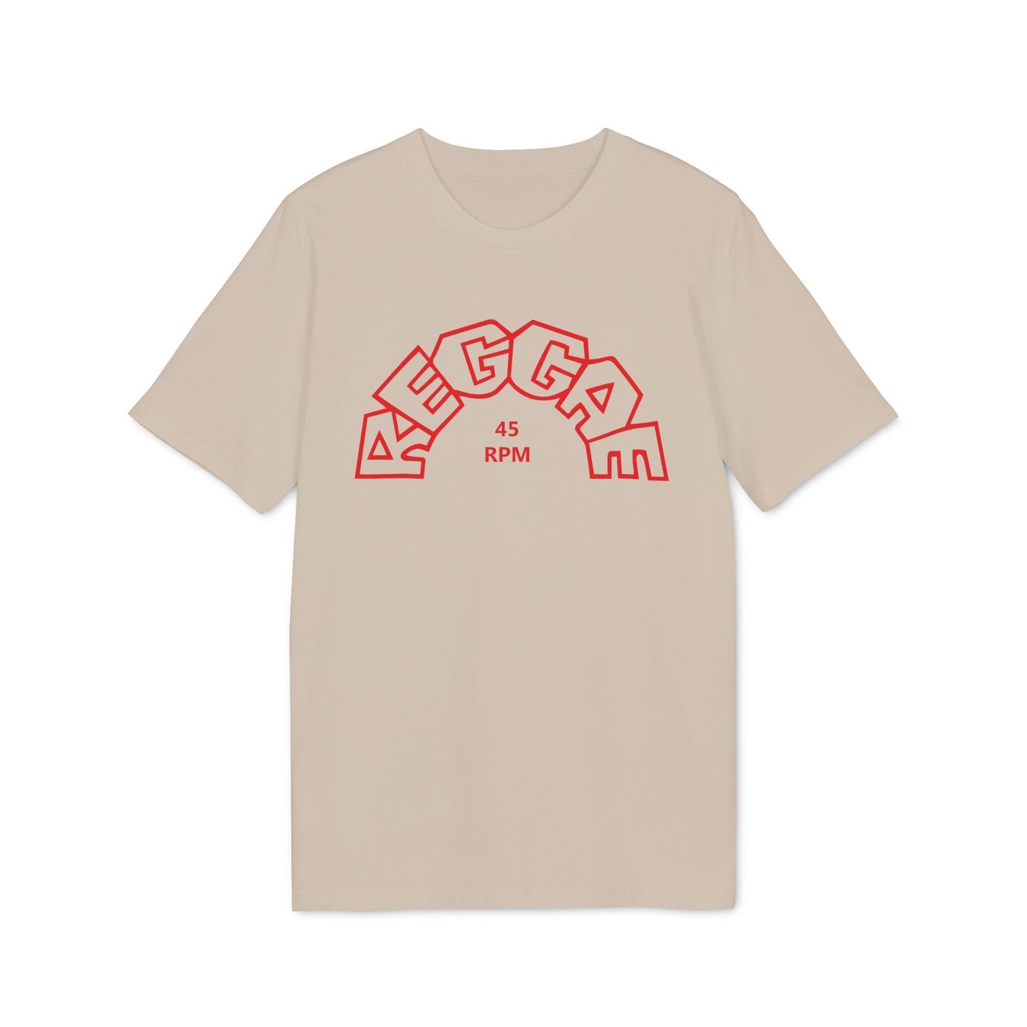 Light tan t-shirt with red "REGGAE" text and "45 RPM" graphic.