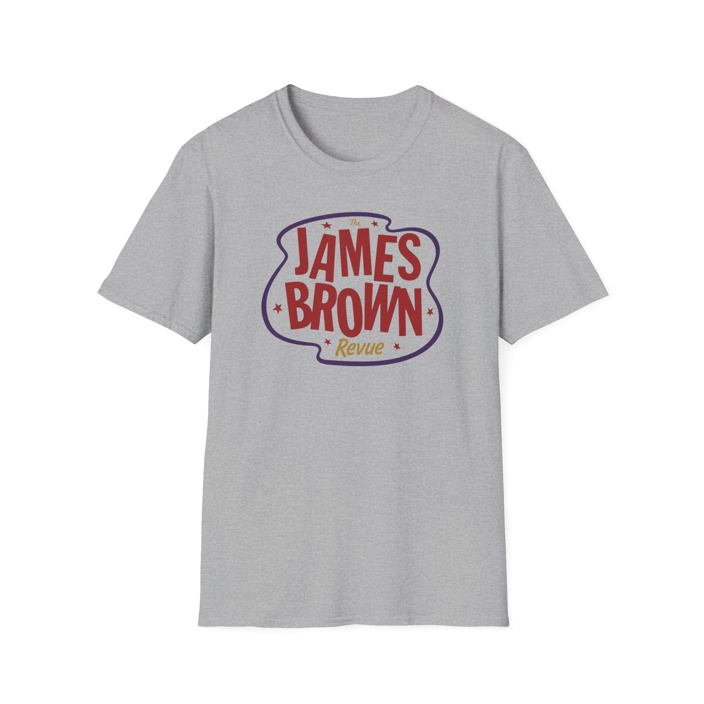 Grey t-shirt with "The James Brown Revue" text and star graphic.