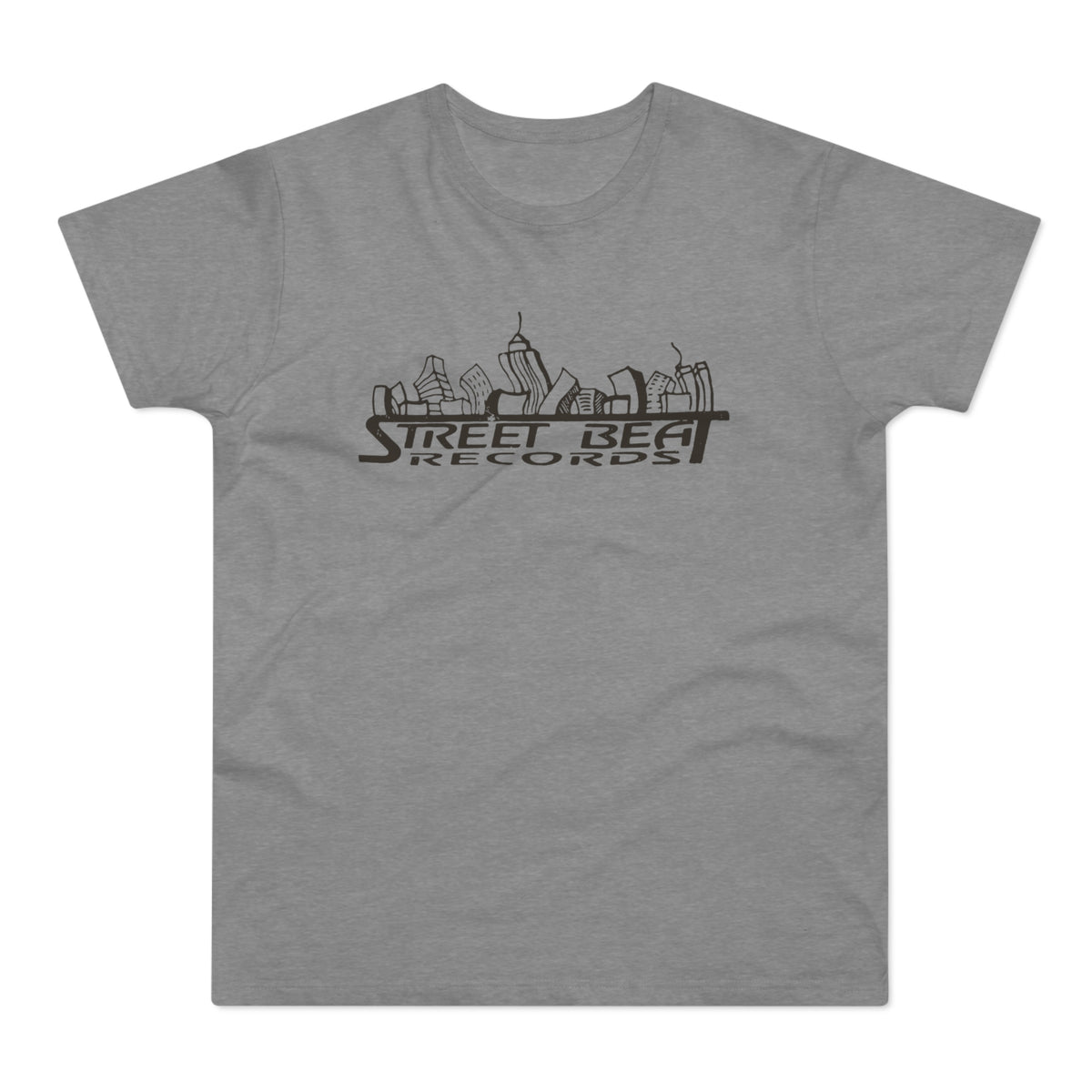Gray t-shirt with black outline of a cityscape and "STREET BEAT RECORDS" text.