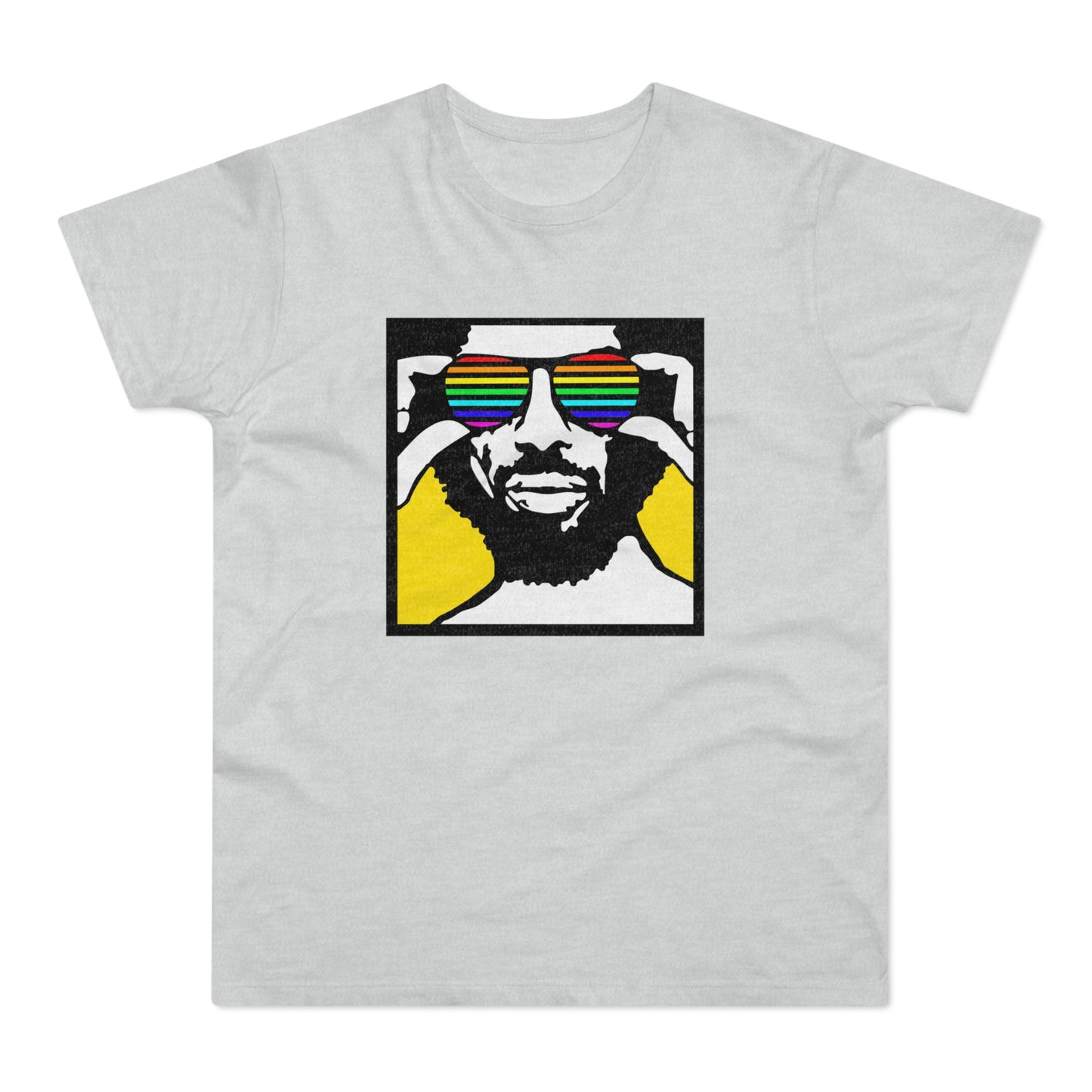 Man wearing rainbow striped sunglasses with black outline on a light grey t-shirt.
