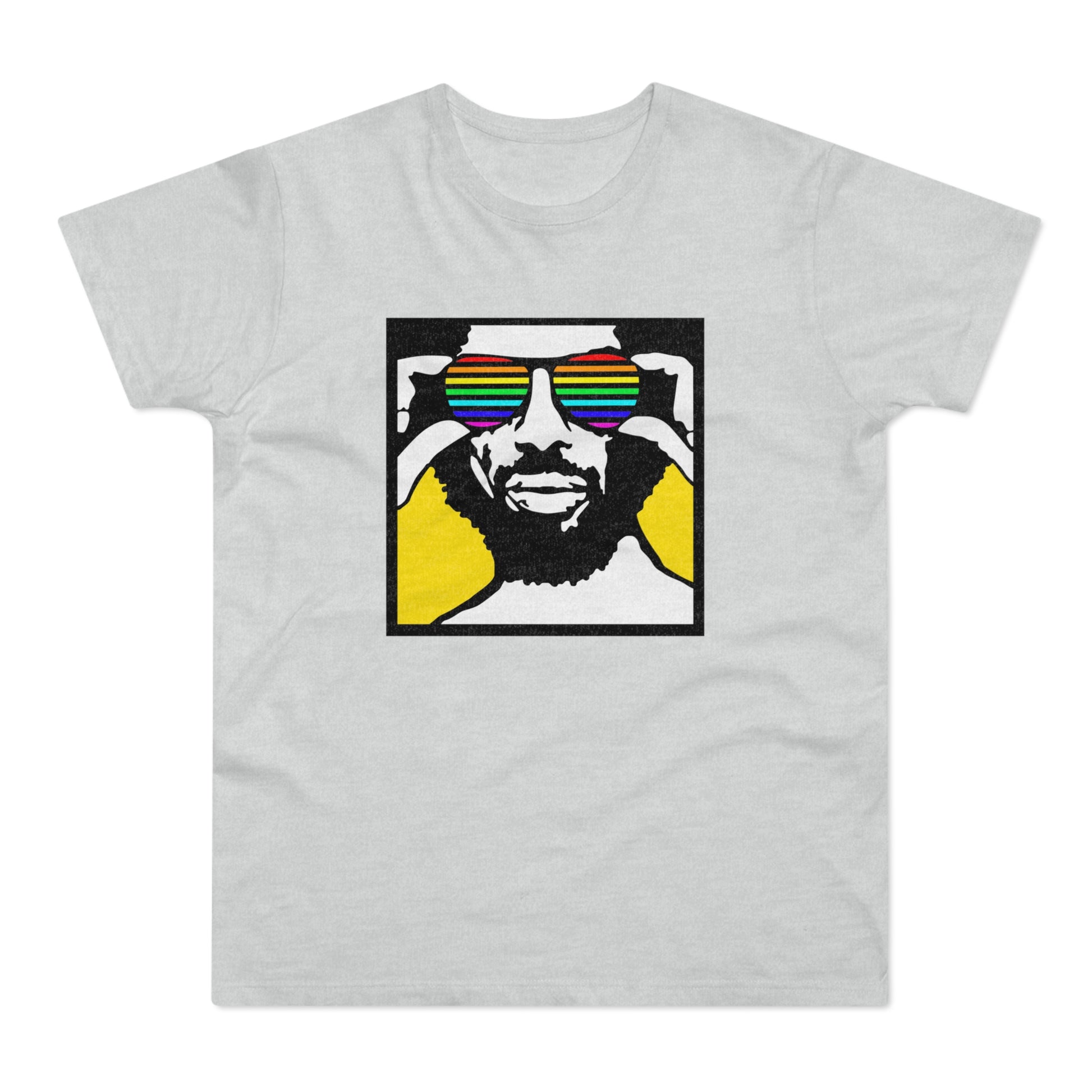 Man wearing rainbow striped sunglasses with black outline on a light grey t-shirt.
