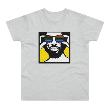Man wearing rainbow striped sunglasses with black outline on a light grey t-shirt.