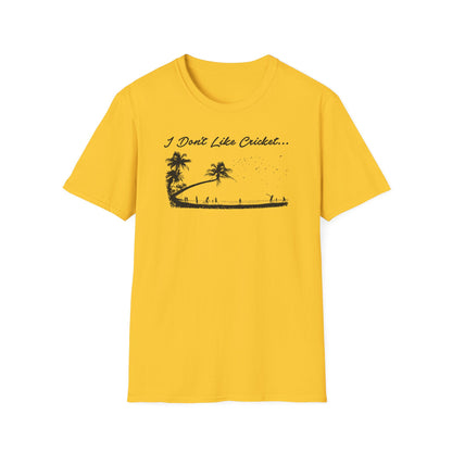 Yellow t-shirt with black graphic of "I Don't Like Cricket..." text and tropical scene.
