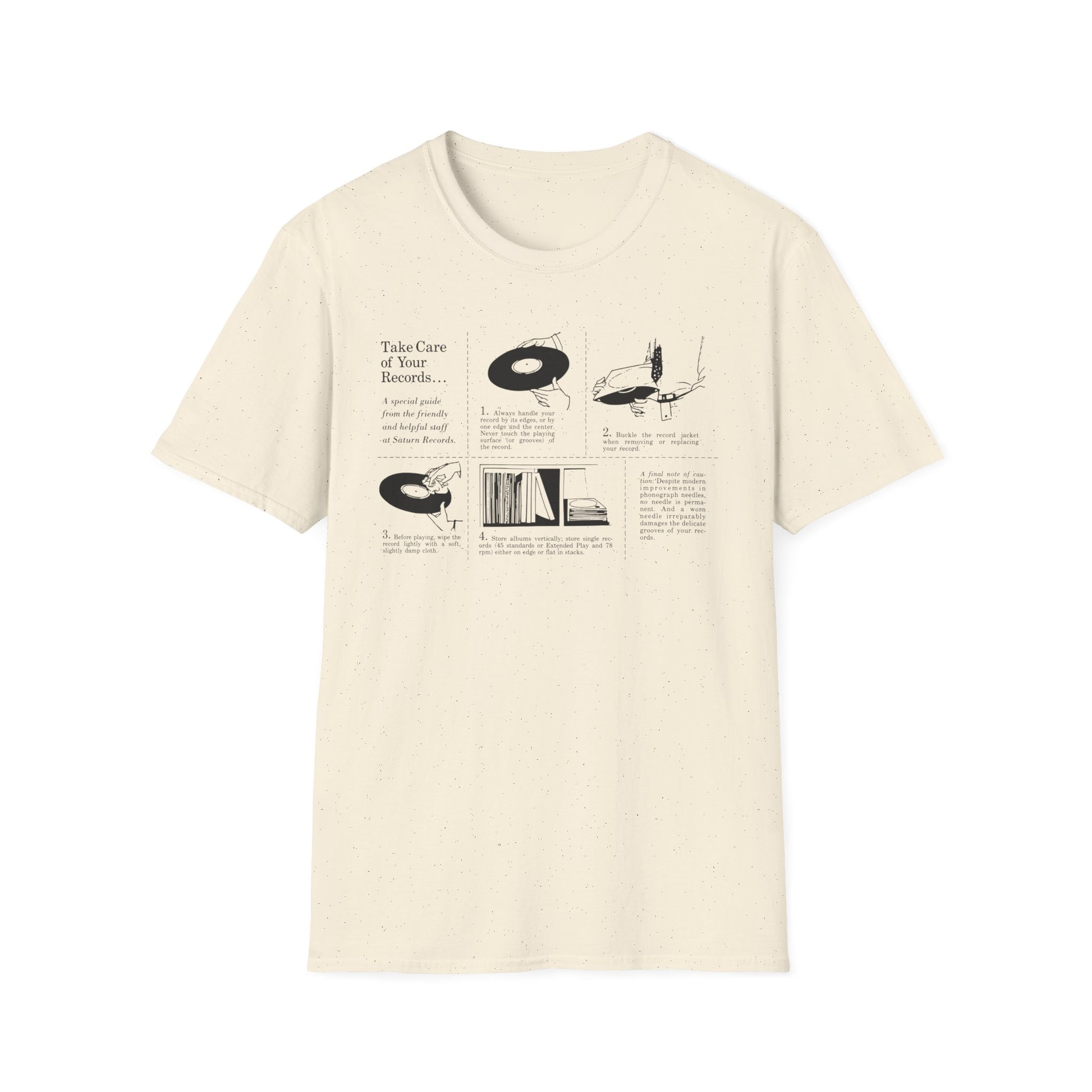 Cream t-shirt with black line art illustrating record care from Saturn Records.