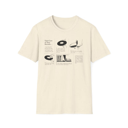 Cream t-shirt with black line art illustrating record care from Saturn Records.