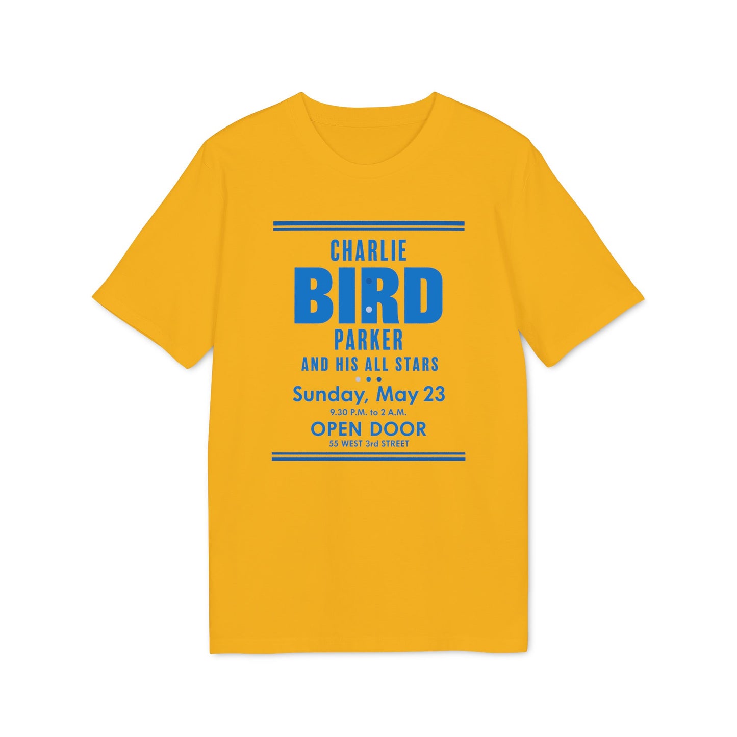 Yellow t-shirt with "Charlie Bird Parker And His All Stars" concert details.