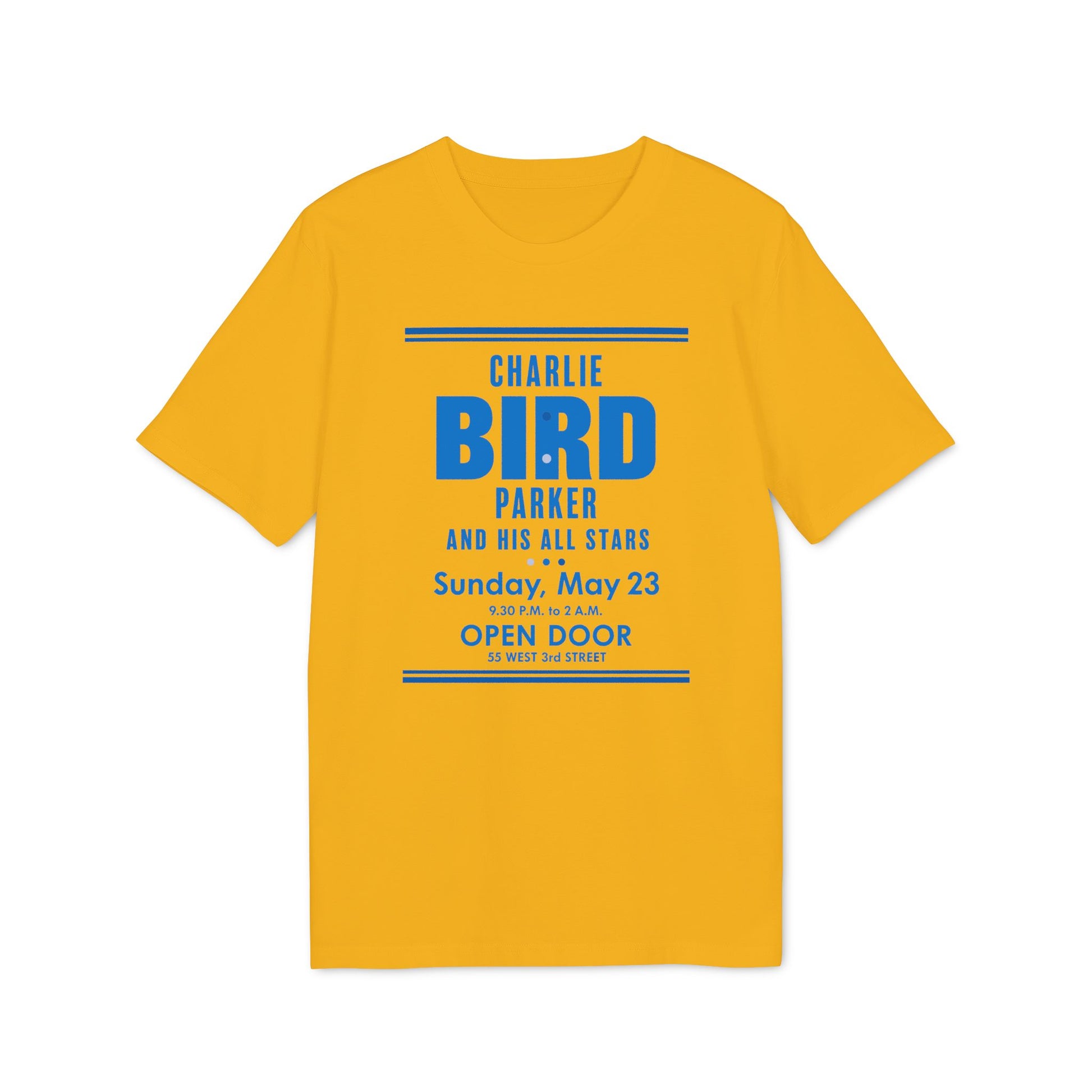 Yellow t-shirt with "Charlie Bird Parker And His All Stars" concert details.