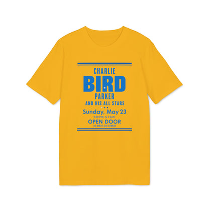 Yellow t-shirt with "Charlie Bird Parker And His All Stars" concert details.