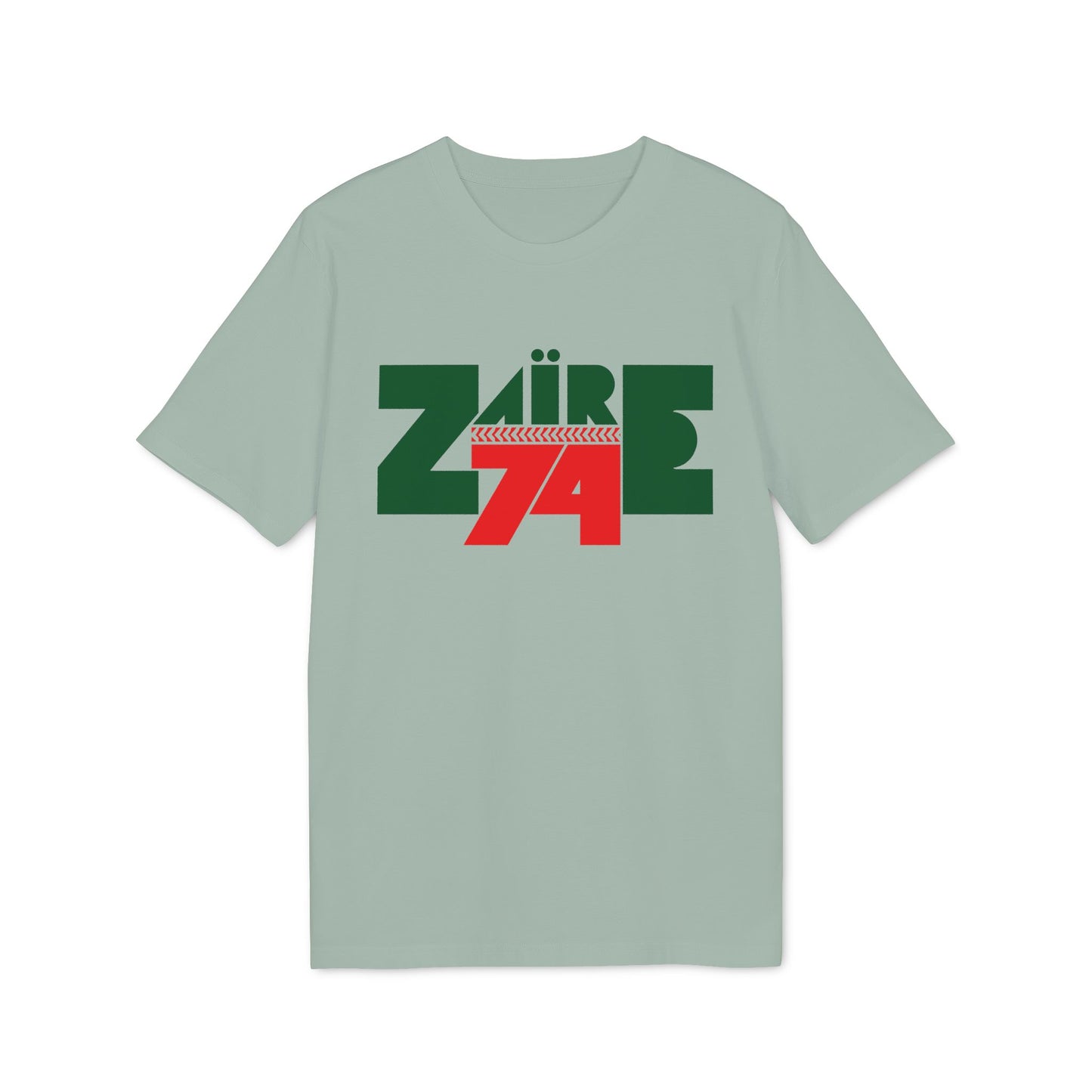 Light sage green t-shirt with green and red "ZAÏRE 74" graphic and chevron pattern.