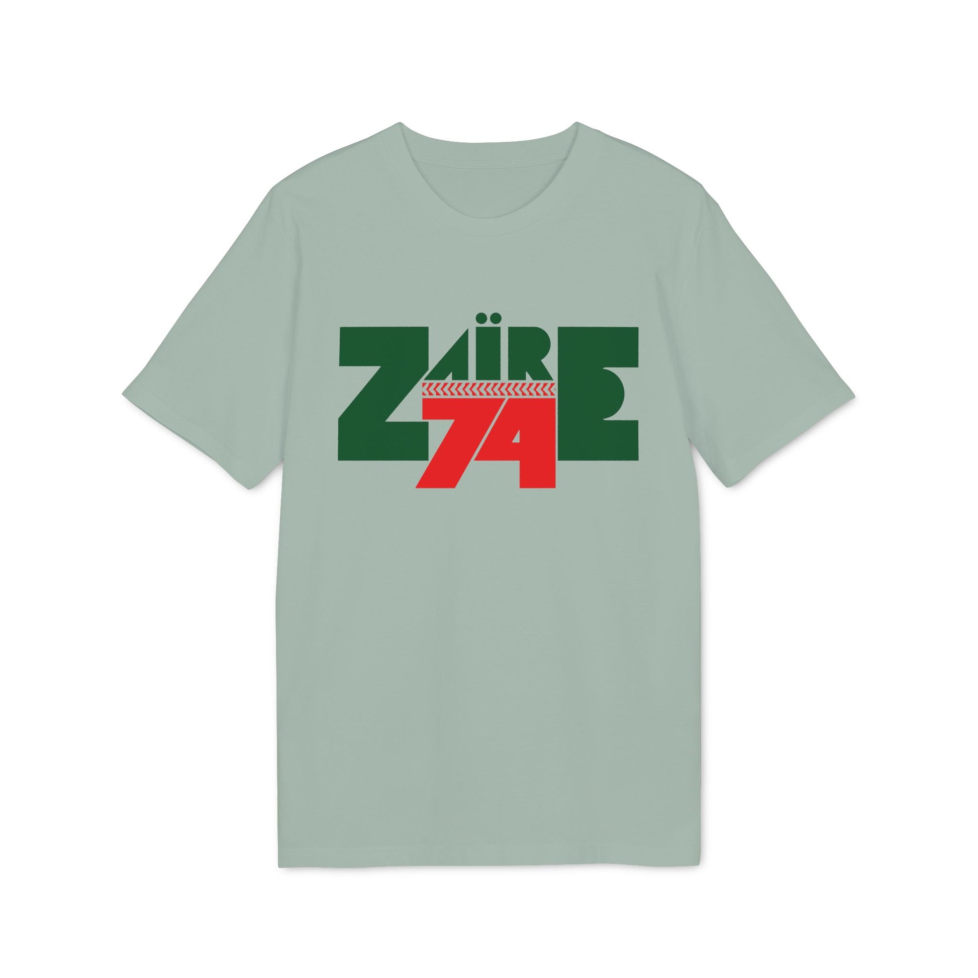 Light sage green t-shirt with green and red "ZAÏRE 74" graphic and chevron pattern.