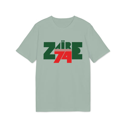 Light sage green t-shirt with green and red "ZAÏRE 74" graphic and chevron pattern.