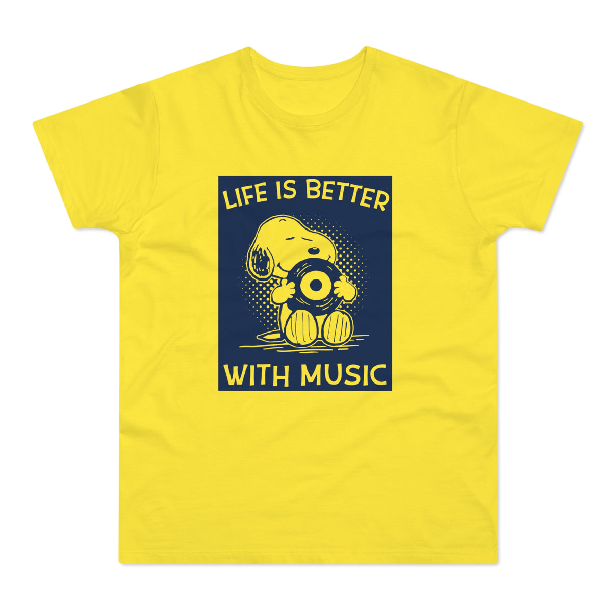 Snoopy character holding a vinyl record with text "Life is Better With Music".