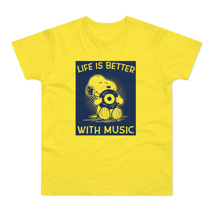 Snoopy character holding a vinyl record with text "Life is Better With Music".