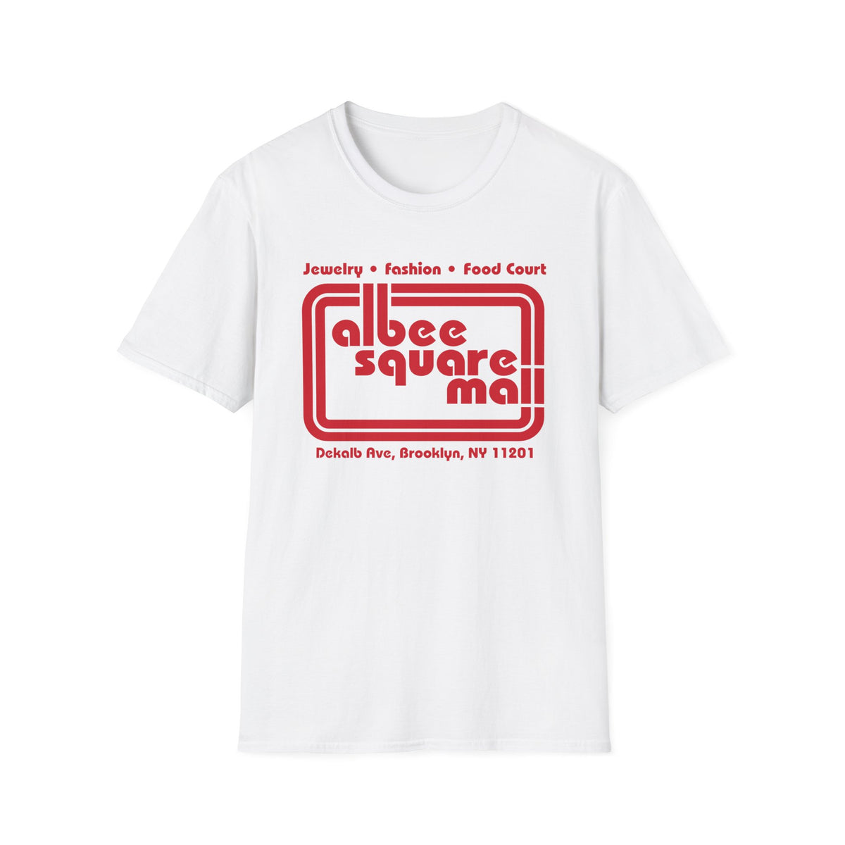 White t-shirt with red Albee Square Mall logo and address.