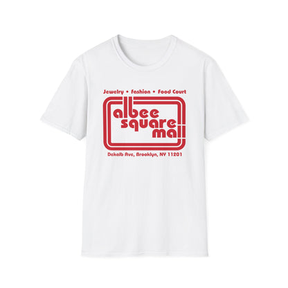 White t-shirt with red Albee Square Mall logo and address.