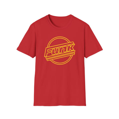 Red t-shirt with yellow "funk" logo inside a circle with lines.