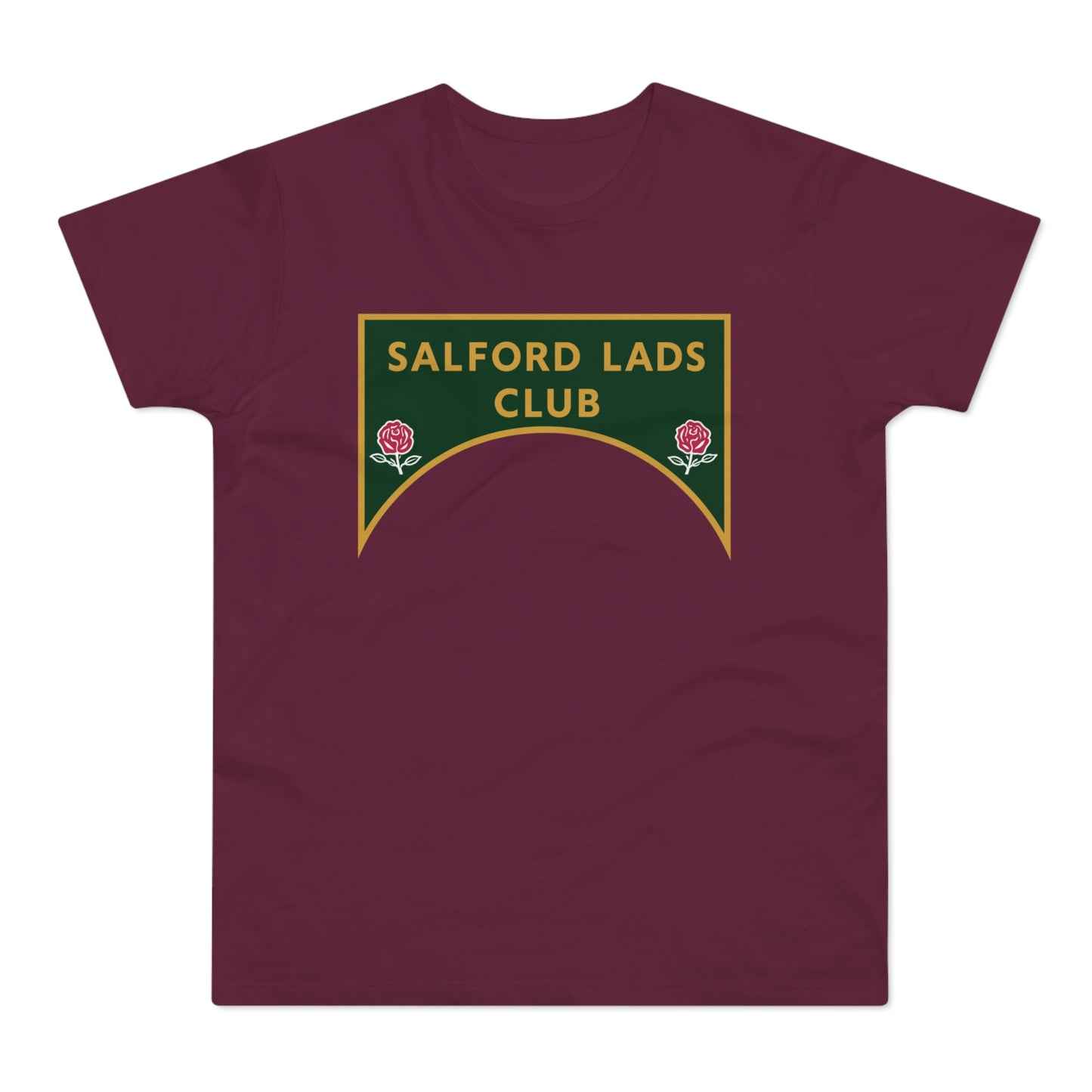 Maroon t-shirt with "SALFORD LADS CLUB" text and two red roses emblem.