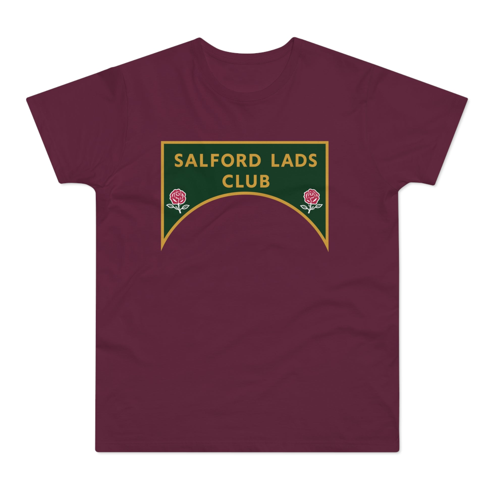 Maroon t-shirt with "SALFORD LADS CLUB" text and two red roses emblem.