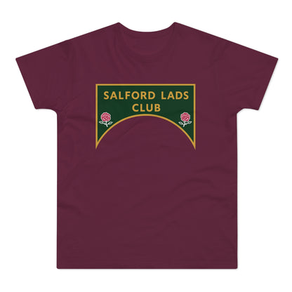 Maroon t-shirt with "SALFORD LADS CLUB" text and two red roses emblem.