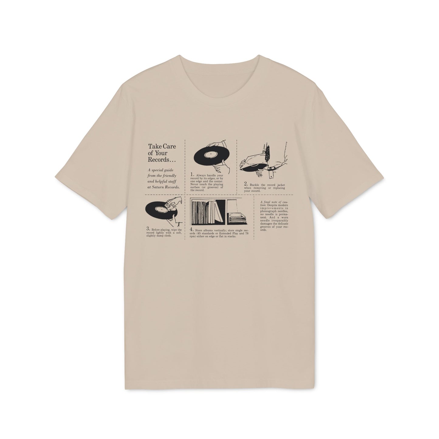 Illustration showing how to handle, clean, and store vinyl records.