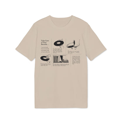 Illustration showing how to handle, clean, and store vinyl records.