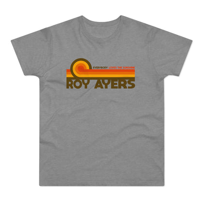 Gray t-shirt with retro "Roy Ayers Everybody Loves The Sunshine" graphic.