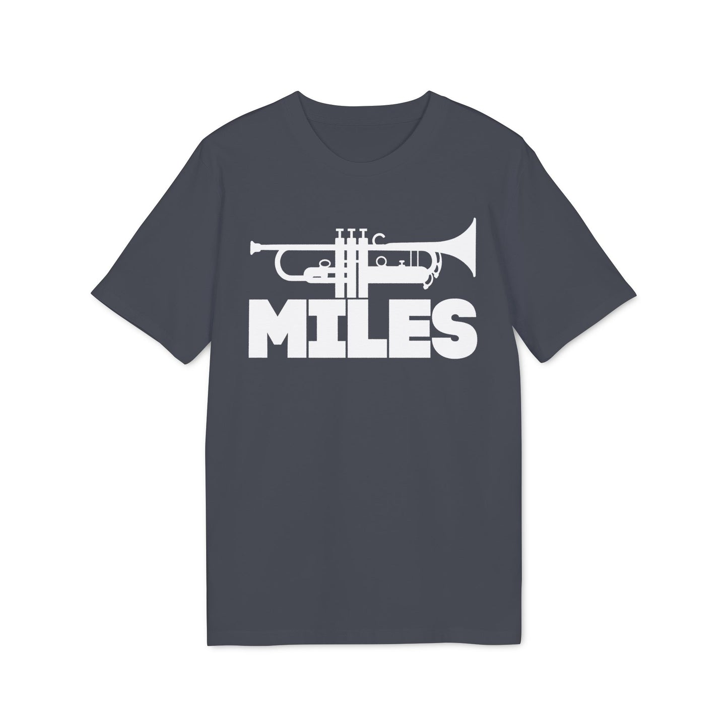 Dark t-shirt with a white trumpet graphic and the word MILES.